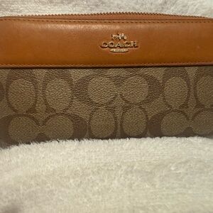 Coach Signature Brown and Tan Zip Wallet